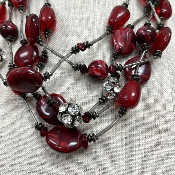 C Red Beaded Rhinestones Women‘s Multi-strands Necklace - Picture 2 of 4